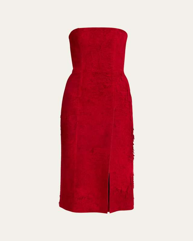 Strapless Textured Suede Slit Midi Dress